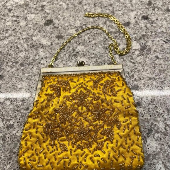 Pretty Vintage Yellow Hand Beaded Evening Bag/Purse - Picture 2 of 9